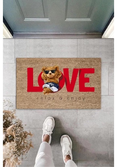 Dekoratif Dijital Love Ayıcık Bej Kapı Paspası Dış Mekan Paspas K-3178 Renkli
