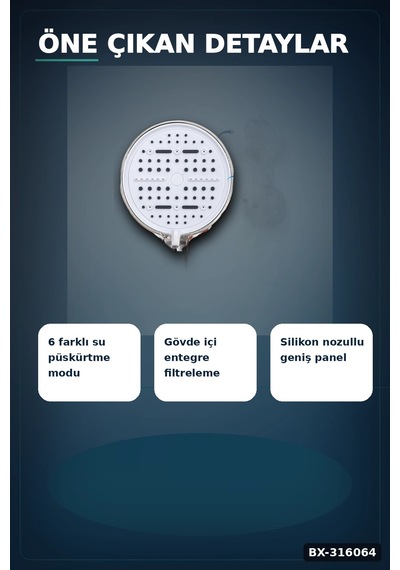 Filtreli Duş Başlığı 6 Modlu Geniş Panel Silikon Nozullu Banyo Duş Başlığı Beyaz Bx-316064 Diğer