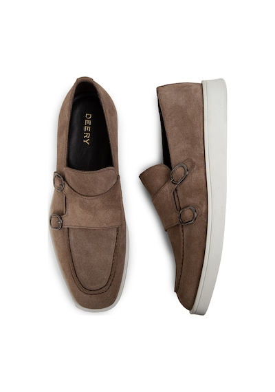 Deery Hakiki Süet Vizon Rengi Çift Tokalı Erkek Loafer - 01966mvznc01 Vizon