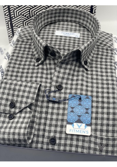 Klasik Uzun Kol Kışlık %100 Cotton Kareli Yaka Düğmeli Hediye Kutulu Erkek Gömlek Fs-003127 - Gri-2949