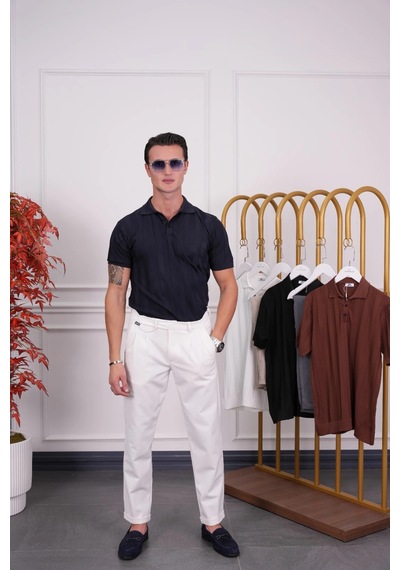 Modefendi Dikey Desenli Yakalı Tshirt Lacivert