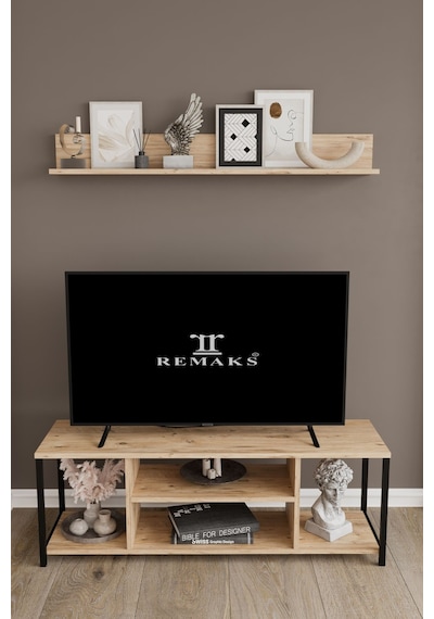 Jolie 120 Cm Metal Tv Sehpası Raflı Tv Ünitesi Televizyon Sehpası Meşe