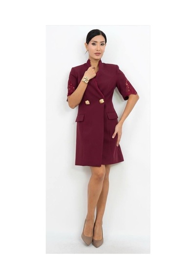 Dorne Moda Dantel Detaylı Hakim Yaka Mini Elbise Kırmızı Kırmızı