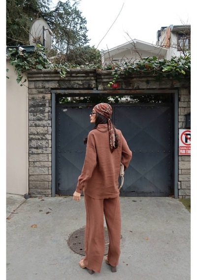 Kechi Woman Tensel Kumaş Gömlekli Takım Kahverengi