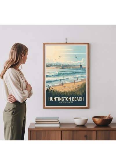 Vintage Tarzı Huntington Beach Seyahat Posteri Sahil Sörfü Sanat Baskısı