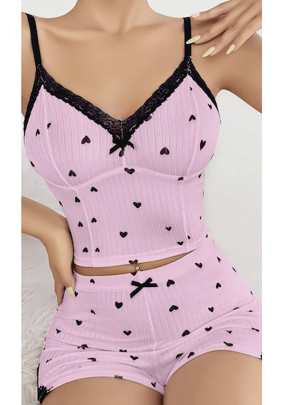 Findit Pembe Kalp Desenli Askılı Şortlu Pijama Takım Pembe