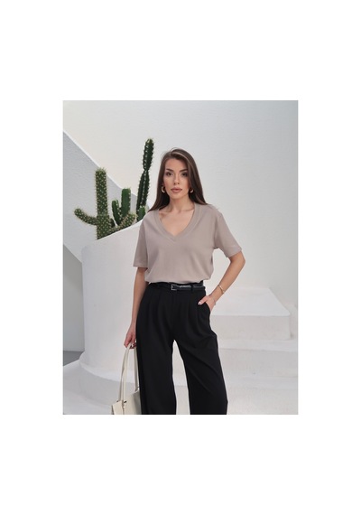 Paw Garage Kadın Massi İnterlok Kumaş V Yaka Oversize T-shirt Vizon