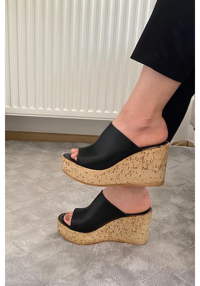 Asmi Shoes Kadın Limo Siyah Dolgulu Mantar Taban Terlik 10 Cm Siyah Siyah