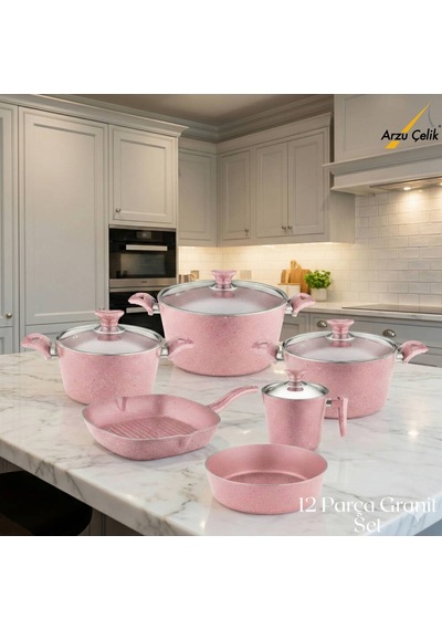 12 Parça Granit Set Cam Kapak - Pembe Pembe
