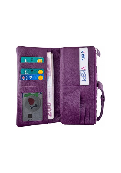 Alphaclub Bag Unisex Hakiki Deri Mor Renk Fermuarlı Çok Bölmeli Uzun Cüzdan