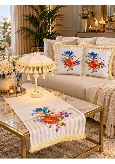 Missidea Romantic Bloom Desenli Dekoratif Masa Üstü Lambası Bali Şemsiyesi Seti Şemsiye + Runner + 2 Li Kırlent Kılıfı Krem