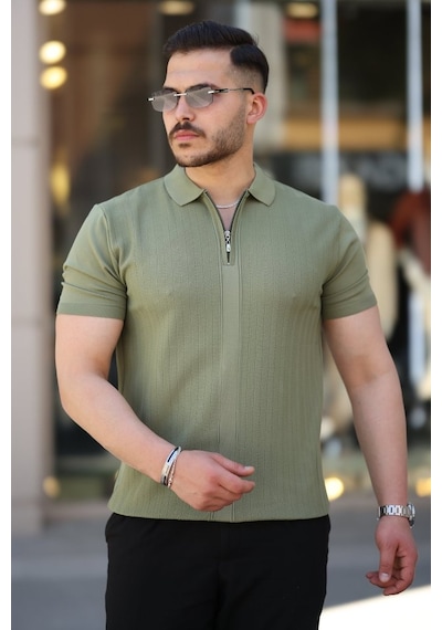 Erkek Yakası Fermuarlı Kısa Kollu T-shirt Haki