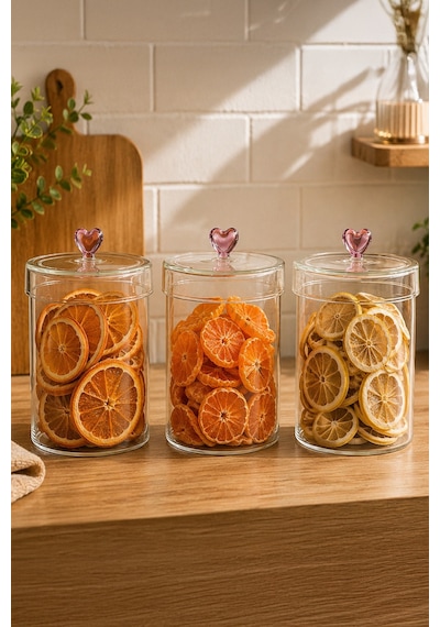 Porsima Hearts 3lü 950 Ml Borosilikat Cam Kavanoz Seti Saklama Kabı Takımı 10x15 Cm Şeffaf