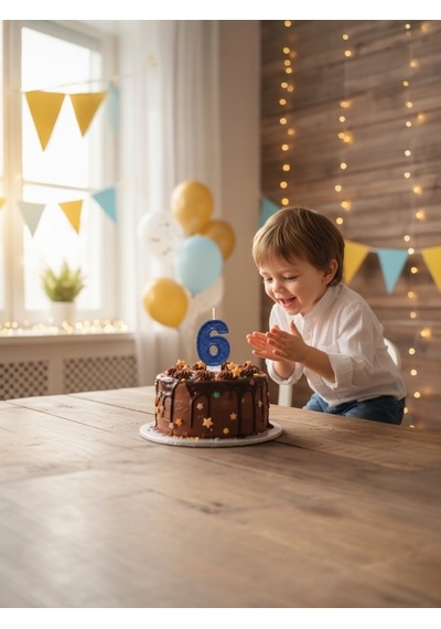 Lacivert Simli Pasta Mumu Doğum Günü Mum 6 Yaş