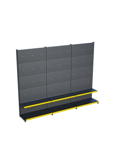 Antrasit Metal Delikli 3'lü Birleşik 2 Katlı Market Raf Sistemi Hırdavat Rafı G270cm Yükseklik H220 Cm Sarı