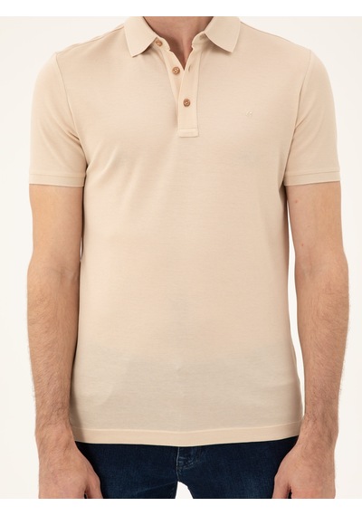 Bej Slim Fit Polo Yaka Merserize T-shirt 15469610