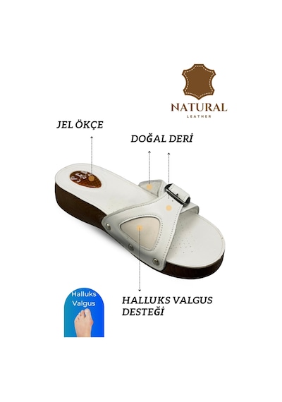 Sermoda Hakiki Deri Kadın Terlik - Halluks Valgus Destekli Jel Taban Kadın Terlik Beyaz