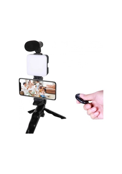 Led Işıklı Telefon Video Çekim Kiti Mini Tripod Mikrofonlu Bluetooth Kumandalı Vlog Seti