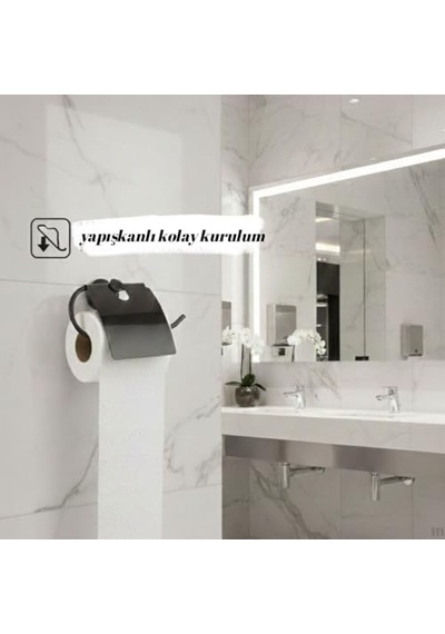 Yapışkanlı Tuvalet Kağıdı Askısı Kapaklı Paslanmaz Metal Wc Kağıtlık 10 10 Cm Siyah Renk Delmesiz Ko Diğer