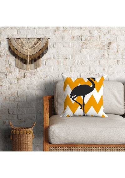 Flamingo Desenli Dekoratif Minder Kılıfı 60 x 60 cm - Hardal