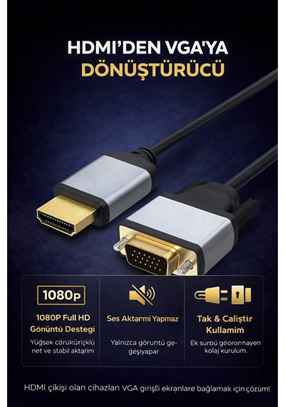 Hdmı Vga Kablo Dönüştürücü 1.8m Hdmı Erkek Vga Erkek Adaptör 1080p Monitör Projeksiyon Bağlantı