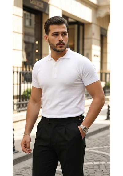 Defymoda Erkek Düğme Yakalı Kısa Kollu Pamuk Triko Tişört Beyaz
