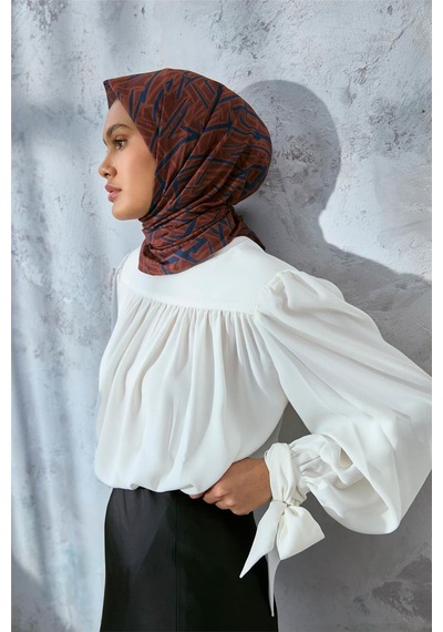 Silk Home Soft Pamuk Eşarp Kızıl Kahve Lacivert Taba Geometrik Desenli Hafif Dokulu 90x90 Çok Renkli