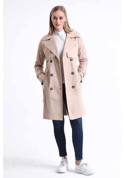 Pastelastore Esnek Pamuk Gabardin Midi 95cm Astarsız Kadın Trençkot 1118 Bej