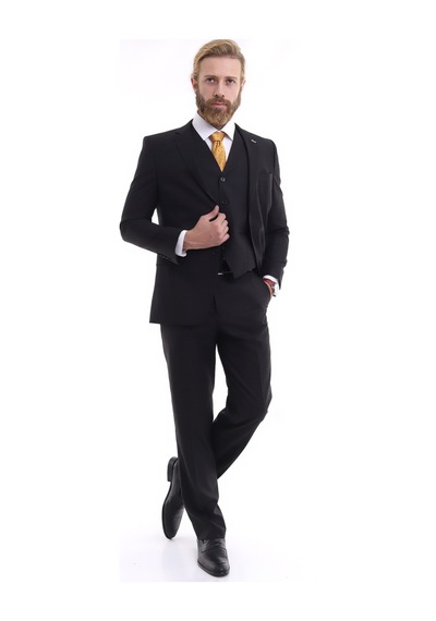 Presto Erkek Yelekli Slimfit Kareli Takım Elbise 6 Drop Siyah 707-011 Siyah