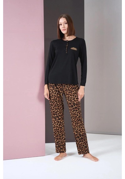 Pjs 26004 Kadın Uzun Kol Leopar Desenli Pijama Takım Siyah