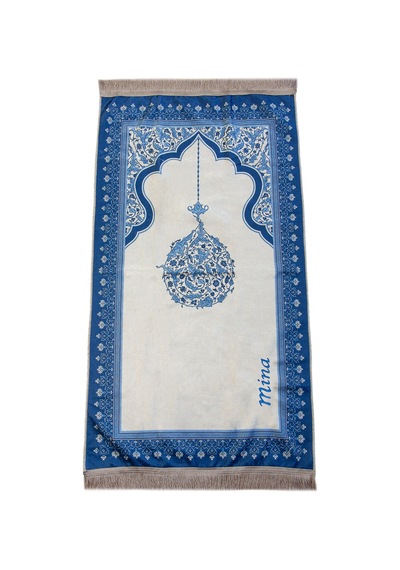 Nakış İşlemeli İsimli Kadife İpek Dokulu Mihrap Desenli Keseli İnci Tesbihli Seccade Mavi Mavi