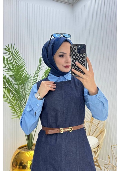 Neşeli Butik Kadın Kemerli Denim Jile Gömlek Tesettür Takım Nms073 Lacivert