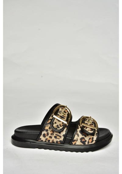 Fox Shoes U725792017 Siyah Leopar Hasır Terlik Siyah Leopar-hasır