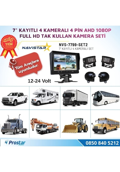7 İnç Kayıtlı Ahd 1080p 4 Kameralı Full Hd Araç Kamera Sistemi 256gb Sd Kart Destekli Gece Görüşlü Tak Kullan Set