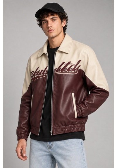 Maison Rae Erkek Bordo, İçi Kürklü, Çift Renkli, Yazı Detaylı,oversize Suni Deri Bomber Ceket