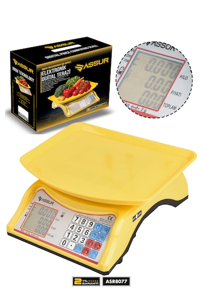 Assur Asr8077 Akülü Dijital Mutfak Terazisi 2 Gr 40 Kg Şarjlı Hassas Ölçüm Tartı Hassas Terazi Sarı