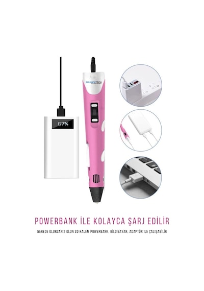 Pembe 3D Kalem 3D Pen Yazıcı Kalem | 50 Metre PLA Filament + Grafik Tablet + USB Kablo