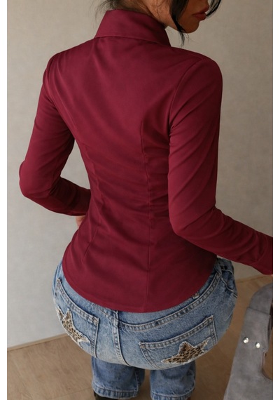 Kadın Premium Gömlek Slim Fit Uzun Kollu Şık Ofis Günlük Kombin Basic Klasik Gömlek Bordo