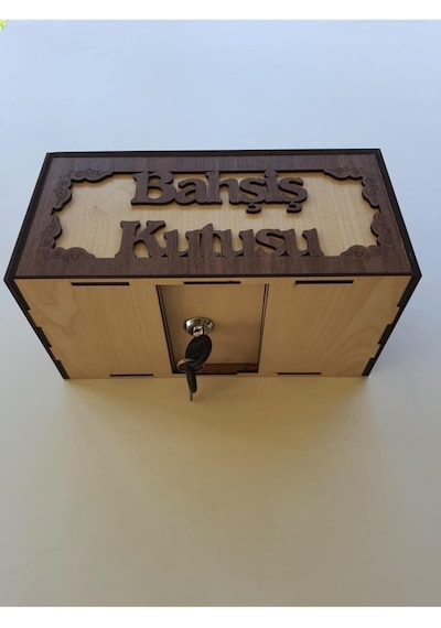 Karakoç Eğitim Araçları Ahşap Kilitli Bahşiş Kutusu Tip Kutusu Tip Box Para Kumbarası Kilitli Yedek Anahtarlı