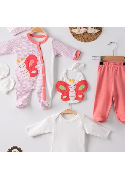 Candar 3 Ay Kelebek Puanlı Tulumlu Kız Bebek 5'li Set Nar Çiçeği Nar Çiçeği