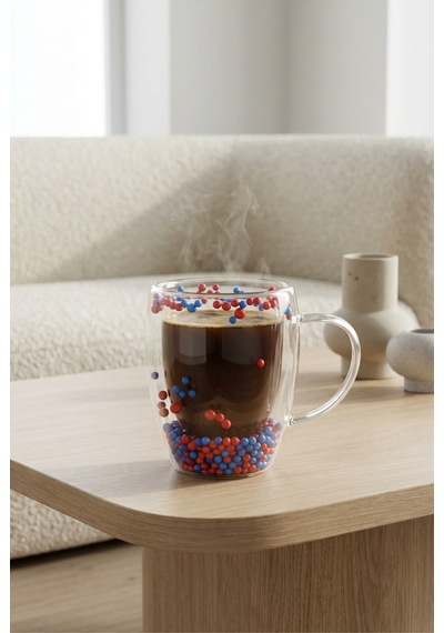 Makri Home Çift Cidarlı Bordo Mavi Cam Kupa 350 Ml Isıya Dayanıklı Şeffaf