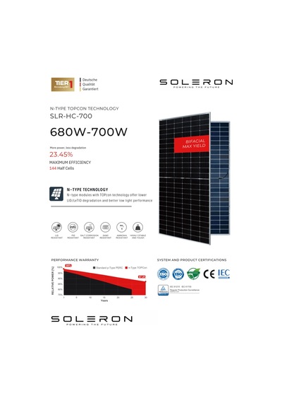 Soleron 700w Bıfacıal Topcon Güneş Paneli