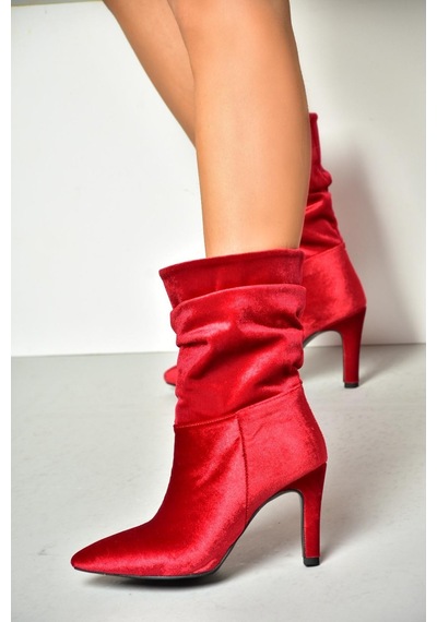 Fox Shoes R404020339 Bordo Kadife İnce Topuklu Büzgülü Kadın Bot Bordo