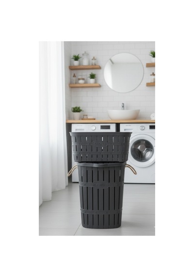 65 Lt Kirli Sepeti Ve 40 Lt Çamaşır Taşıma Selesi İkili Banyo Seti Çamaşır Düzenleyici Gri - 833546982 Gri