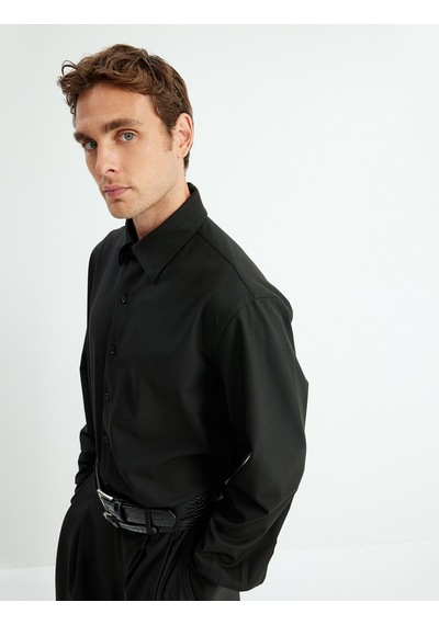 Koton Slim Fit Gömlek Uzun Kollu Yarım İtalyan Yaka Pamuklu Siyah 5wam60110hw Siyah