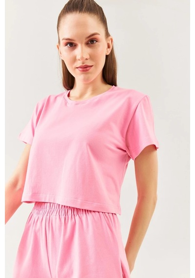 Kadın Rahat %100 Pamuklu Penye Bisiklet Yaka Kısa Kol Basic Crop T-shirt Pembe