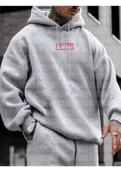 Startmore Gri Unisex Oversize Real Lover Baskılı Bol Kesim Kapşonlu Şardonlu