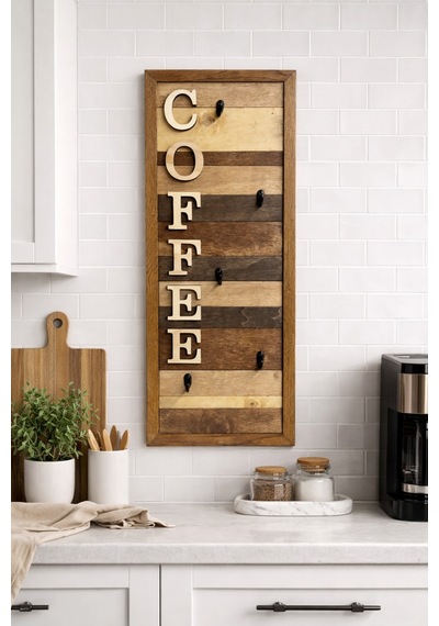 Ahşap Duvar Kupa Askılığı 5 Li Kahve Köşesi Organizer 25x61 Cm