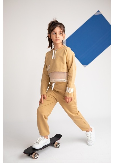 Zeyland Kız Çocuk Go Play Fileli Crop Bej Sweatshirt (4-12Yaş)