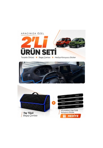 Peugeot Rifter 2018-2026 Uyumlu Torpido Örtüsü + Tay Tüyü Bagaj Çantası + Sticker - Siyah Mavi